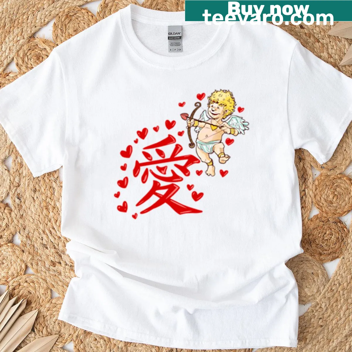 Japanese love kanji t-shirt with hearts and angel illustration — on a men's t-shirt