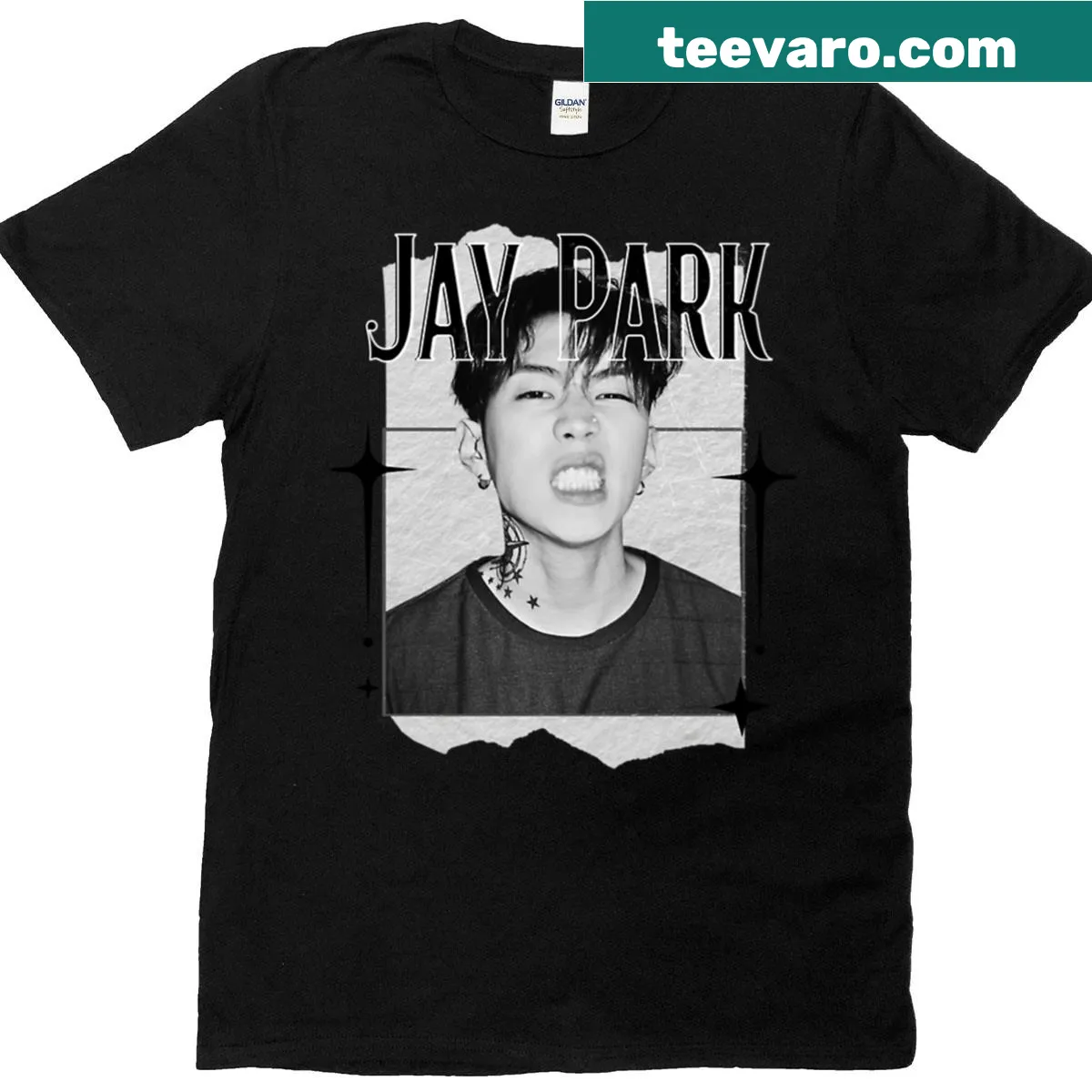 Monochrome design collage T-shirt featuring artistic elements — on a men's t-shirt