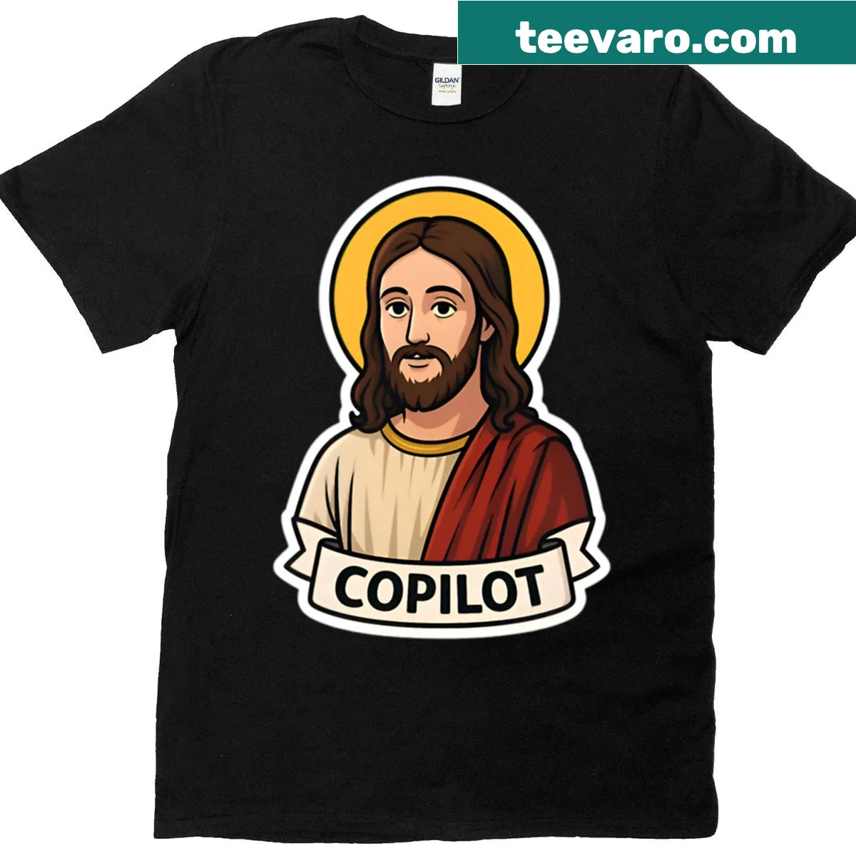 Illustrative design of Jesus as a copilot — on a men's t-shirt