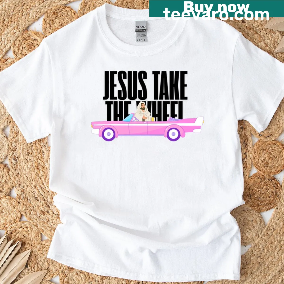 T-shirt with the phrase 'Jesus Take The Wheel' in heartfelt typography. — on a men's t-shirt