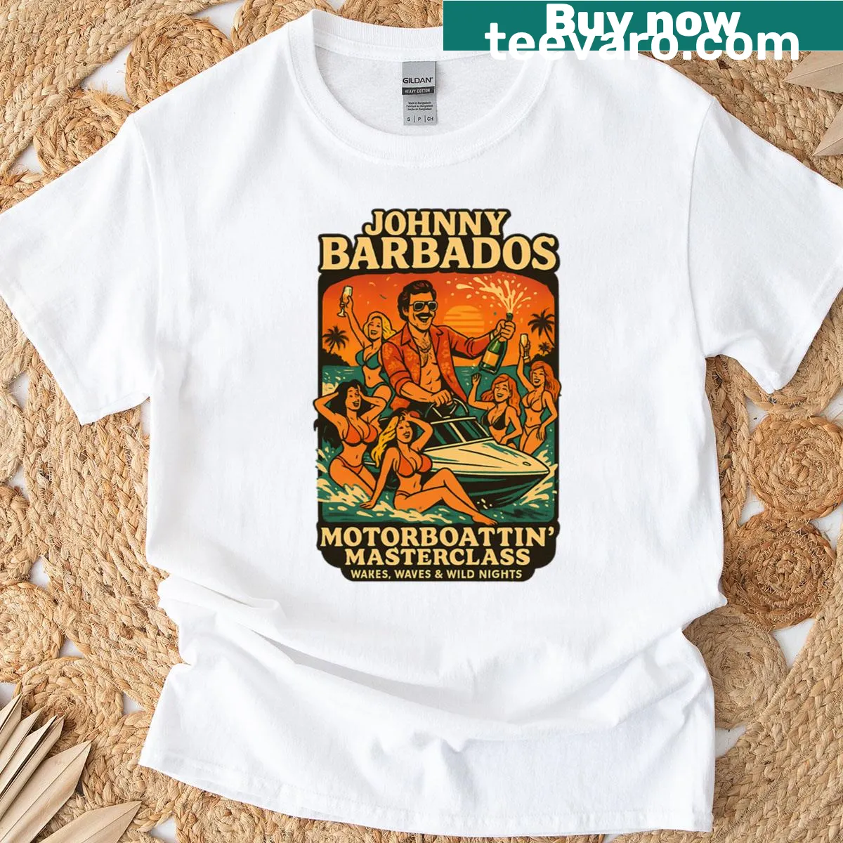 Cartoon T-shirt celebrating boating and adventure with fun graphic — on a men's t-shirt