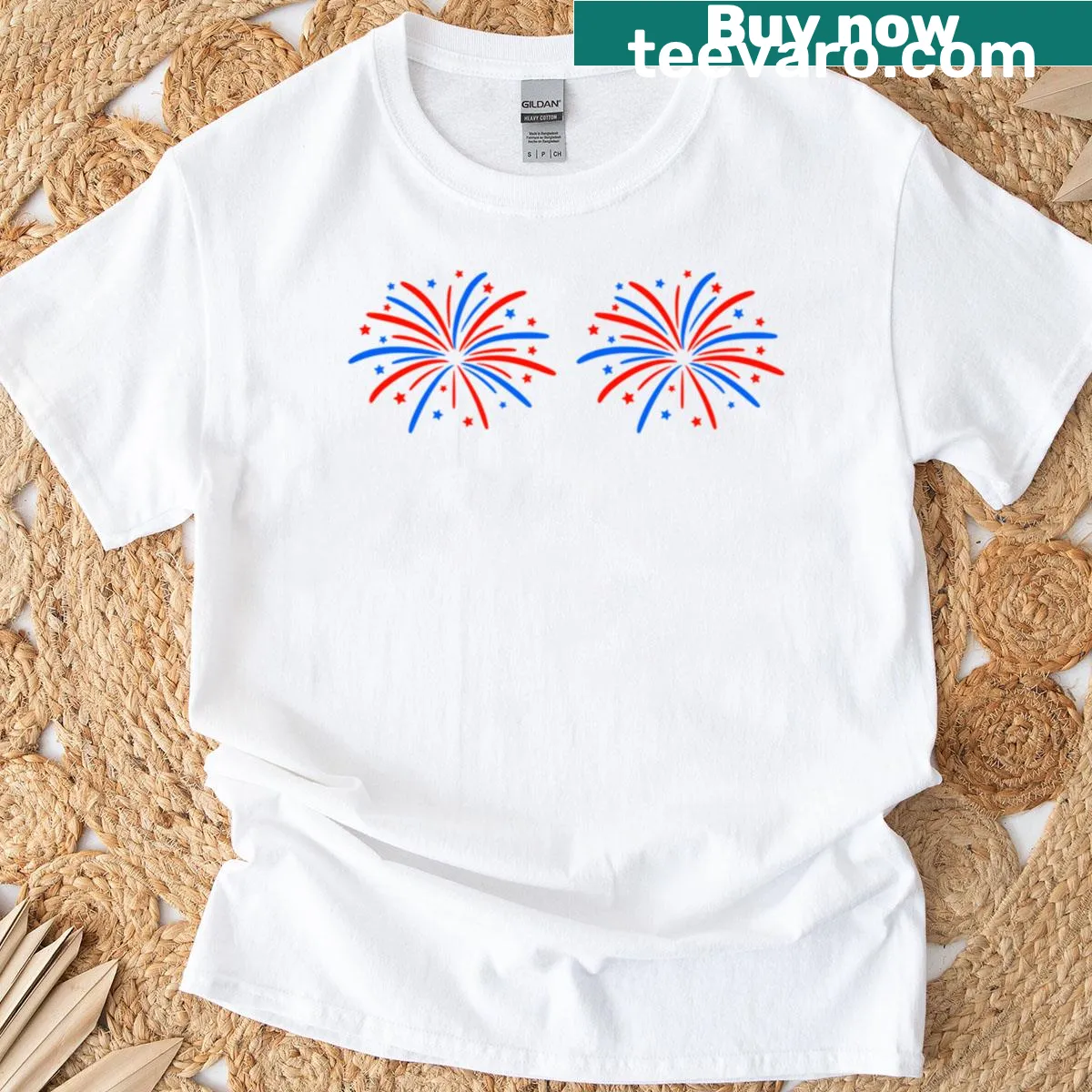 4th of July t-shirt with Just Here For The Fireworks text — on a men's t-shirt