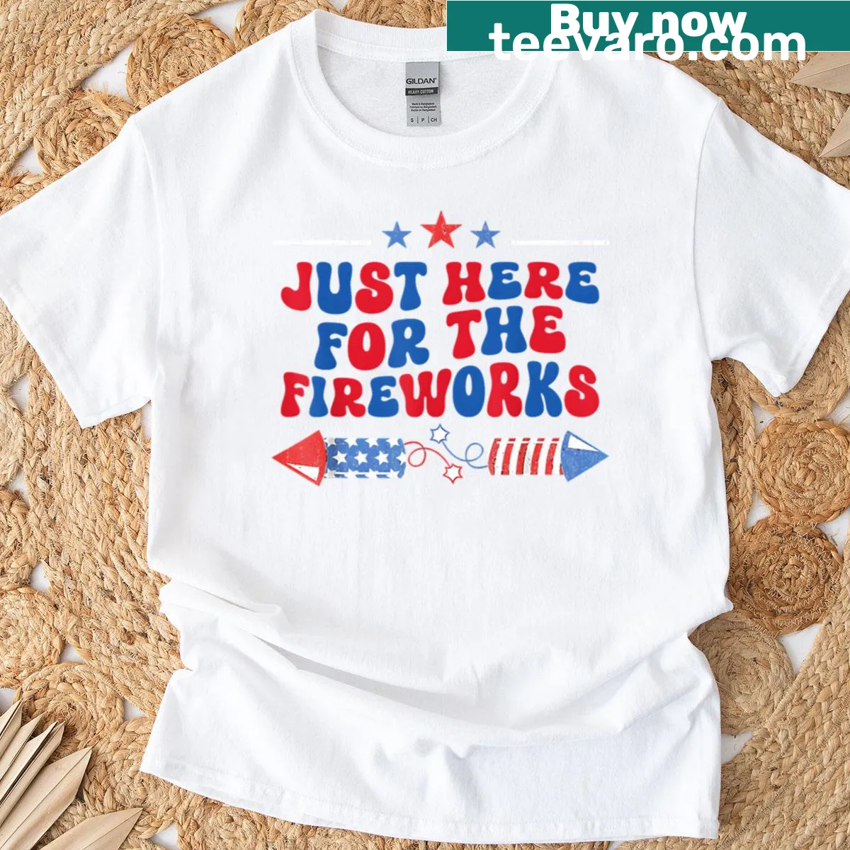 Patriotic T-shirt with the phrase 'Just Here For The Fireworks.' — on a men's t-shirt