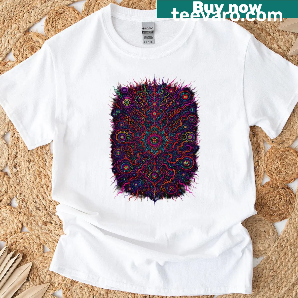 Abstract graphic T-shirt featuring kaleidoscopic collapse design — on a men's t-shirt