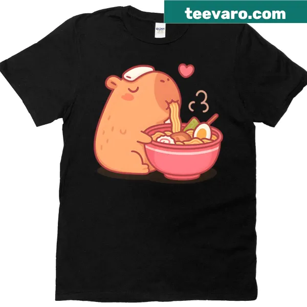 Cute cartoon capybara eating ramen design on T-shirt