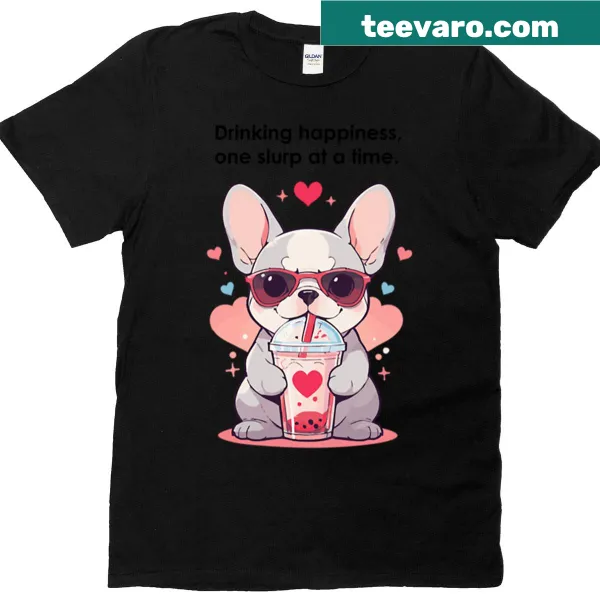Cartoon French Bulldog with smoothie graphic on t-shirt