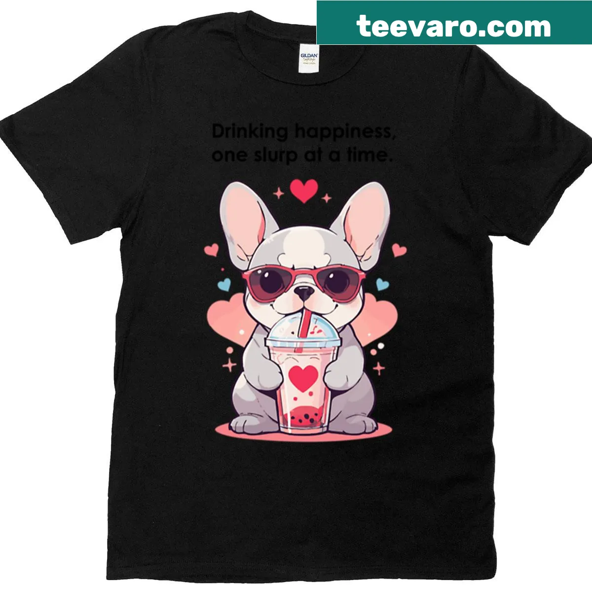 Cartoon French Bulldog with smoothie graphic on t-shirt — on a men's t-shirt