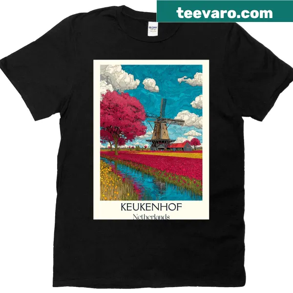 Vintage-style T-shirt depicting Dutch tulip fields and windmills