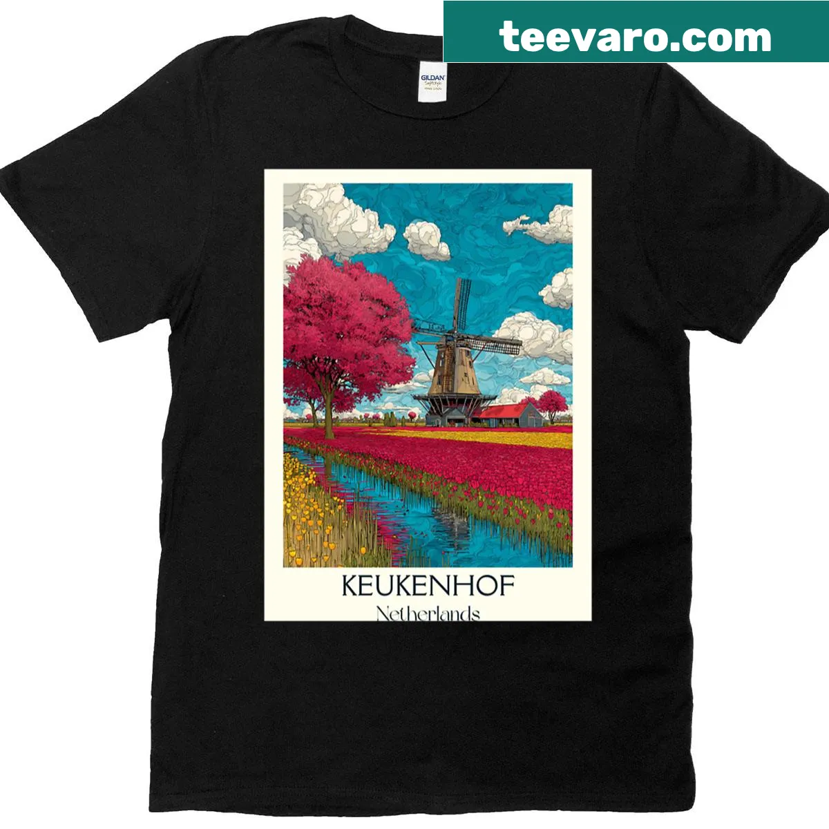 Vintage-style T-shirt depicting Dutch tulip fields and windmills — on a men's t-shirt