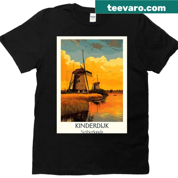 Vintage-style T-shirt featuring Kinderdijk windmills at sunset