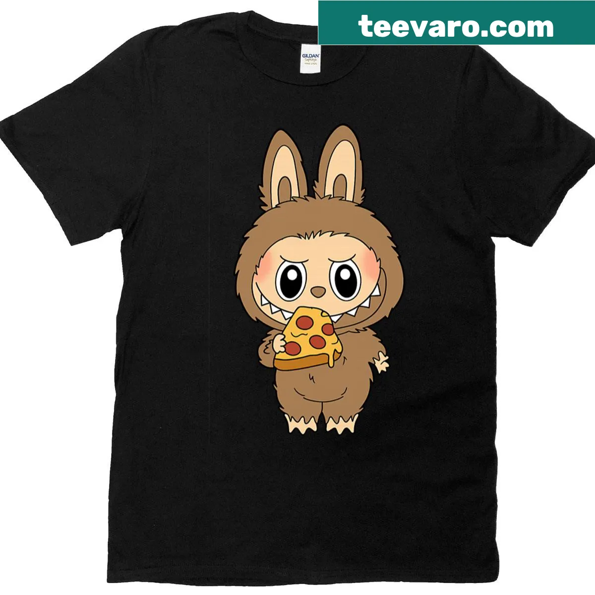 Graphic of Labubu character with pizza on a T-shirt — on a men's t-shirt