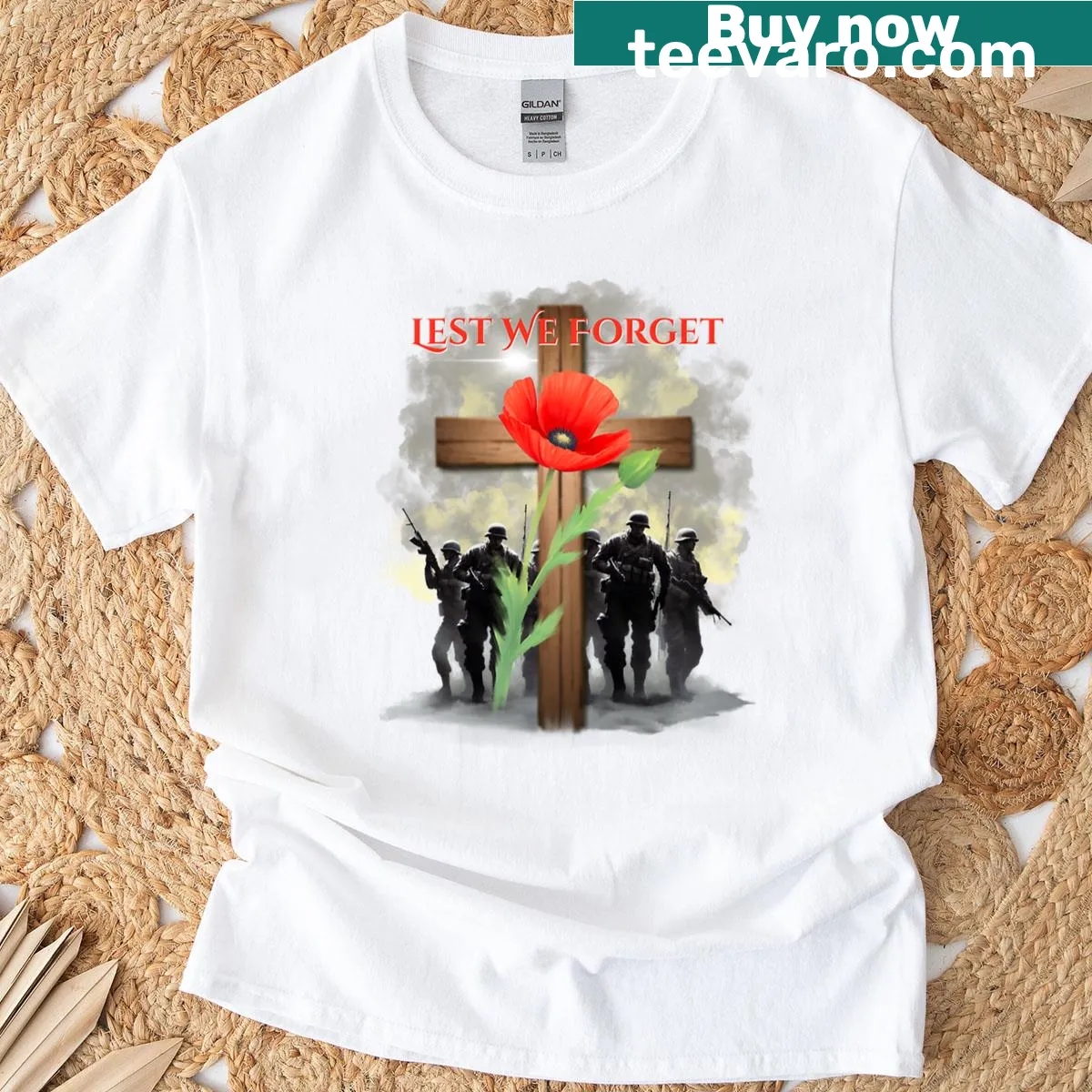 T-shirt with the poignant phrase 'Lest We Forget' in a respectful typography design. — on a men's t-shirt