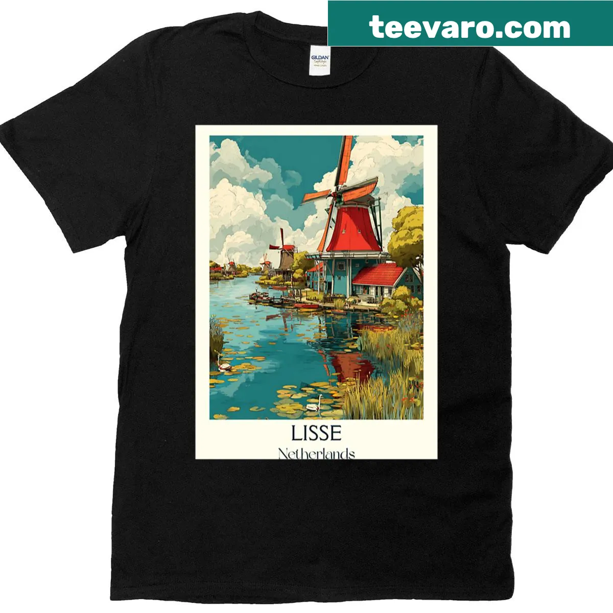 Vintage style t-shirt featuring red windmills and tulip fields — on a men's t-shirt