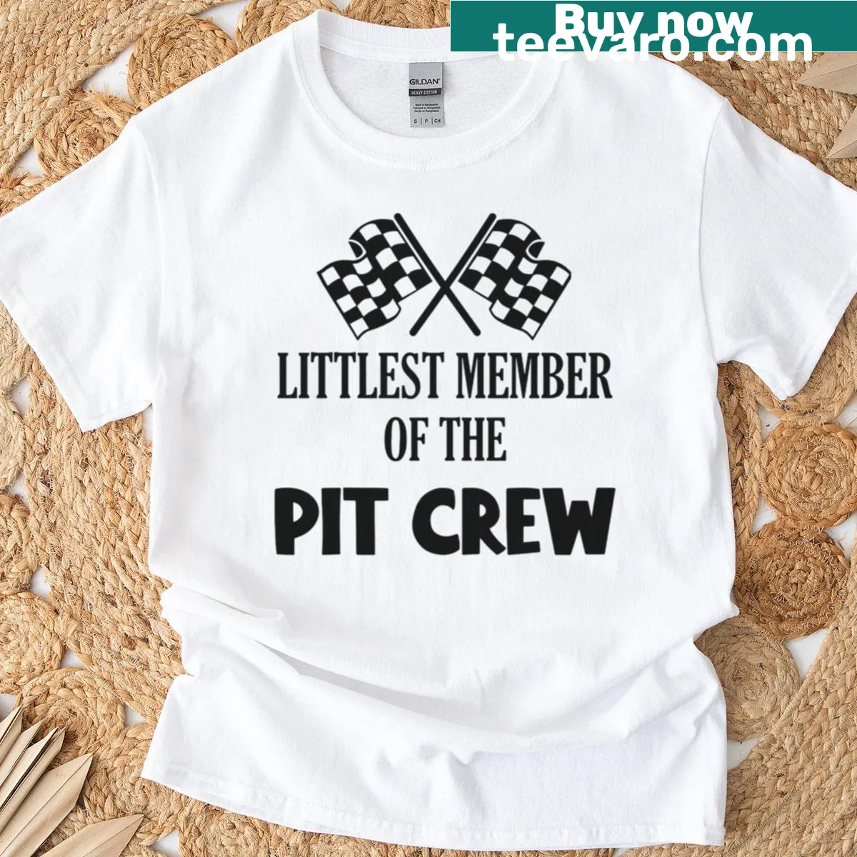Cartoon design of 'Littlest Member of the Pit Crew' on an oversized t-shirt. — on a men's t-shirt
