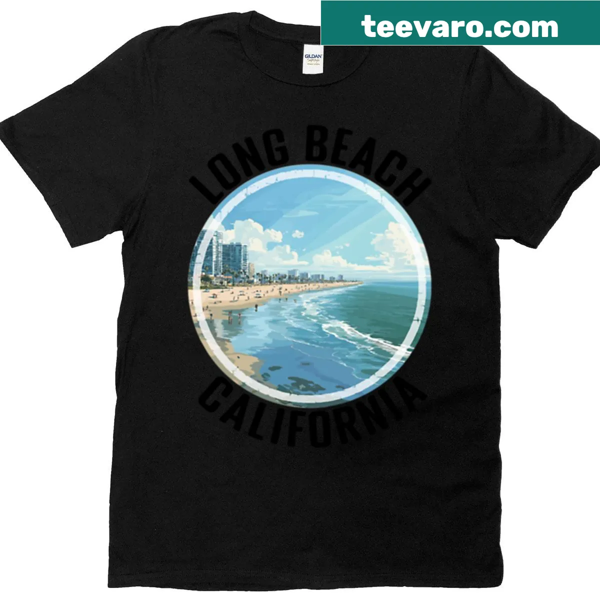Long Beach t-shirt with black lettering celebrating the California city — on a men's t-shirt