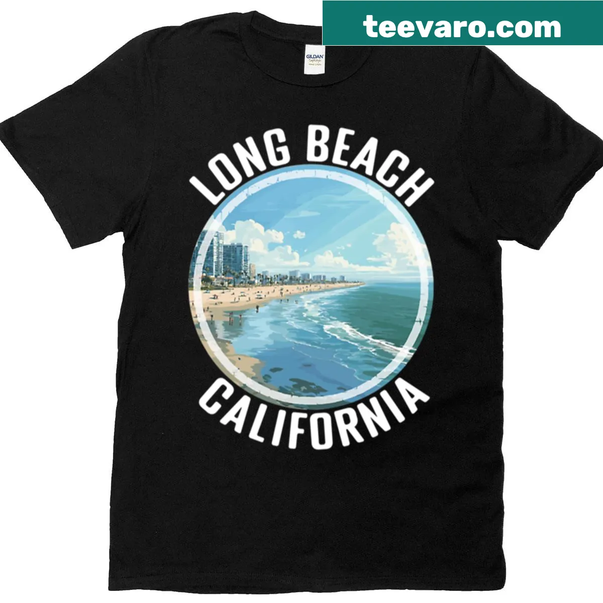 Minimalist Long Beach California T-shirt with white text — on a men's t-shirt