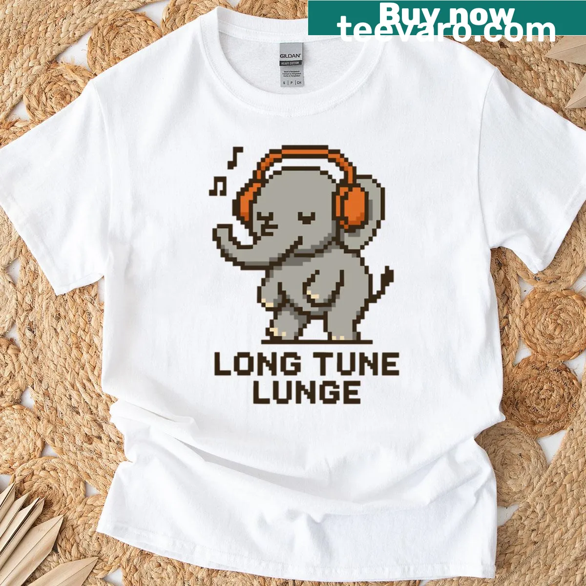 Pixel art T-shirt featuring an elephant with headphones — on a men's t-shirt