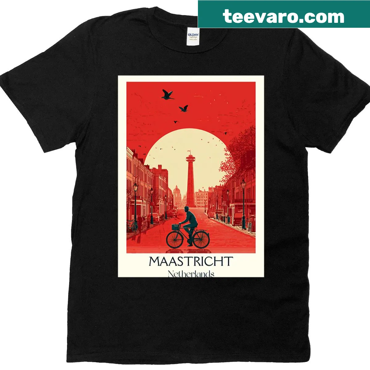 Vintage-style Maastricht city biking art t-shirt — on a men's t-shirt