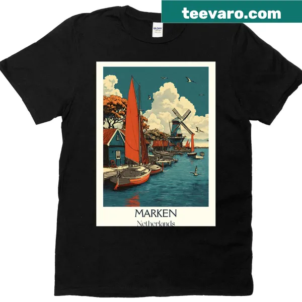 Vintage Dutch travel poster design featuring Marken fishing village