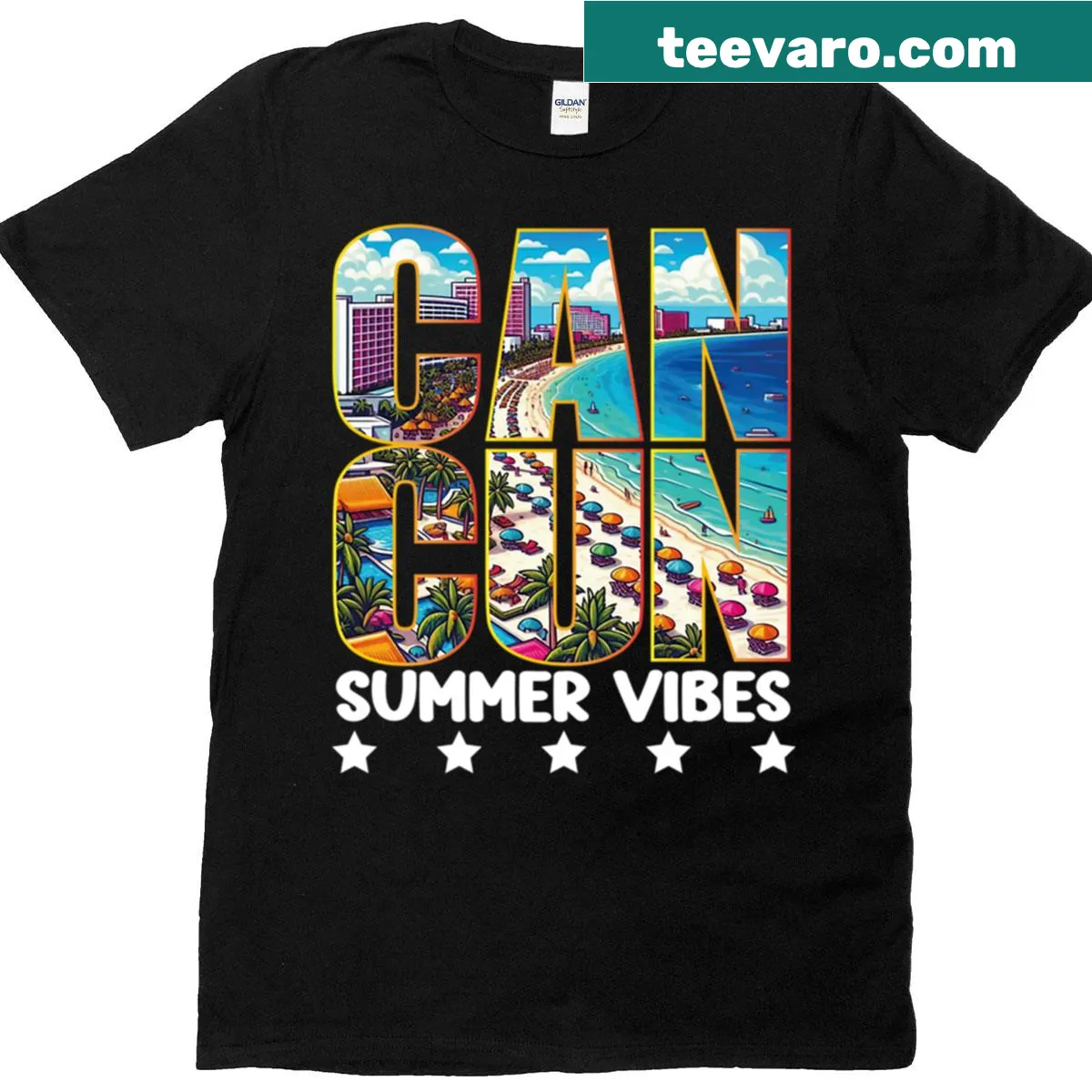 Graphic T-shirt representing Cancun vacation and summer vibes — on a men's t-shirt