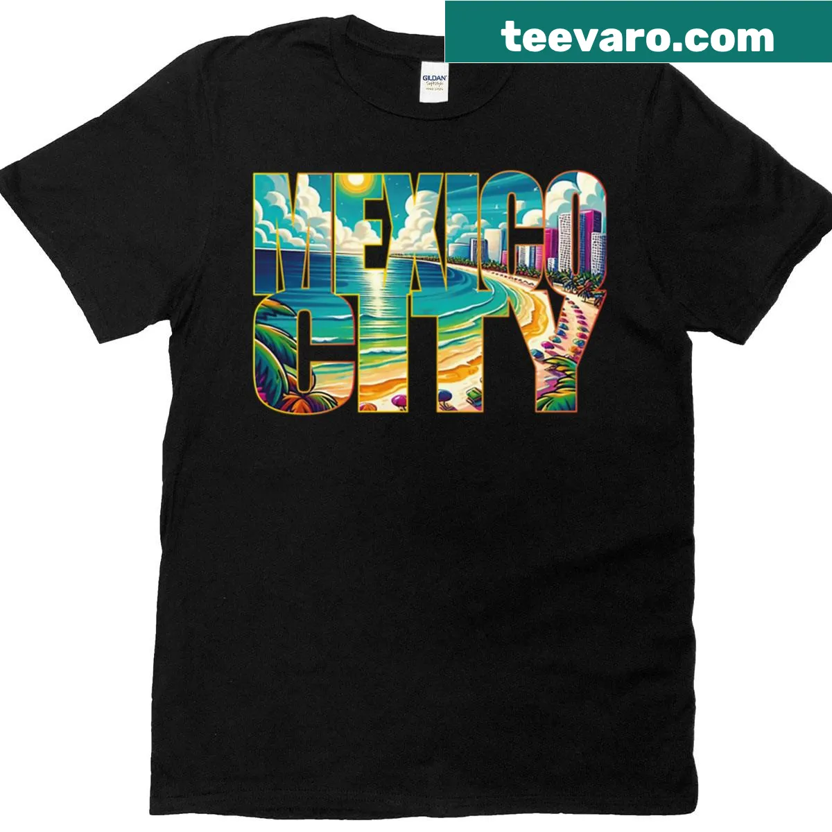Playful Mexico City graphic t-shirt featuring urban and beach illustrations — on a men's t-shirt