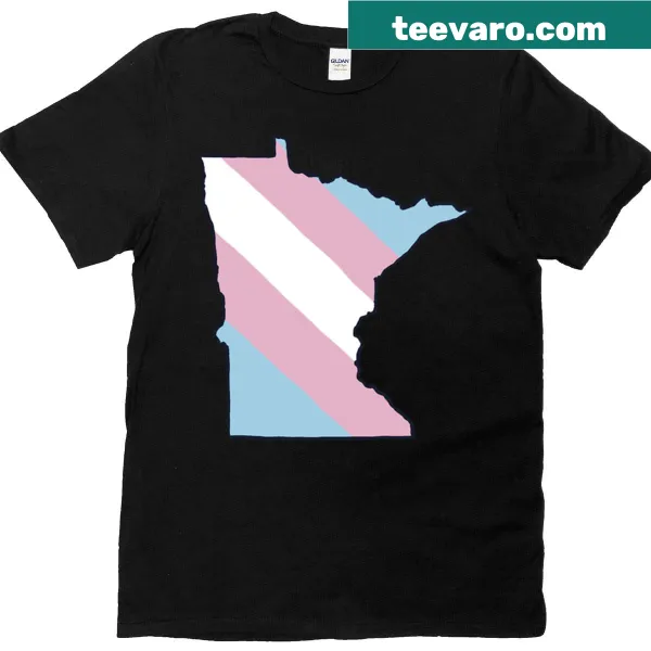 Minnesota state-shaped T-shirt with Trans flag design