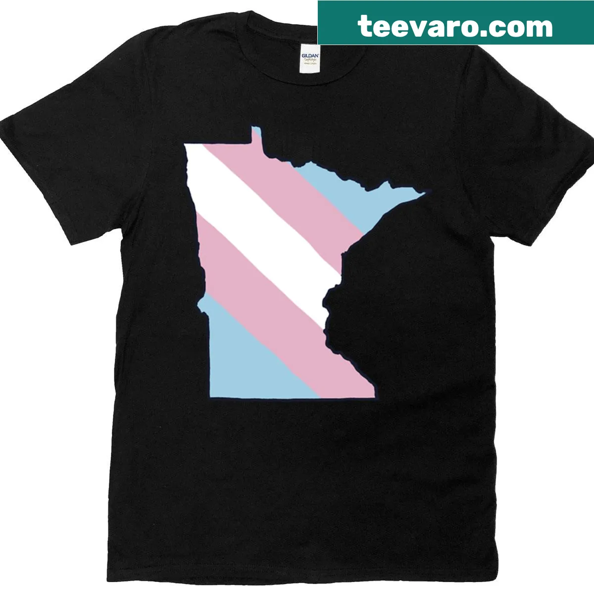 Minnesota state-shaped T-shirt with Trans flag design — on a men's t-shirt