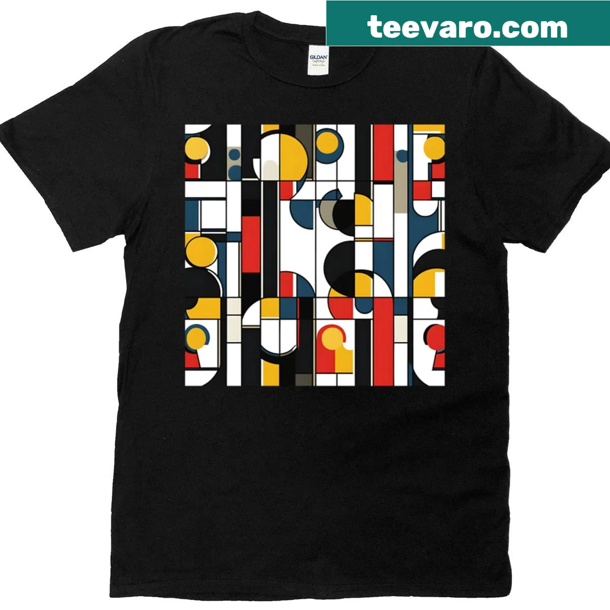 Bold Bauhaus-inspired design t-shirt with geometric shapes — on a men's t-shirt