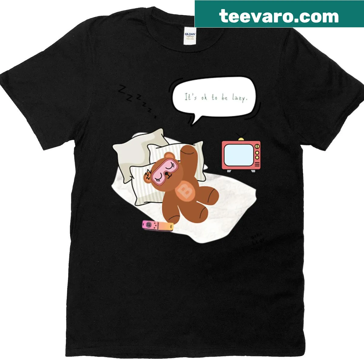 Bear graphic with text 'It's Ok To Be Lazy' on t-shirt — on a men's t-shirt