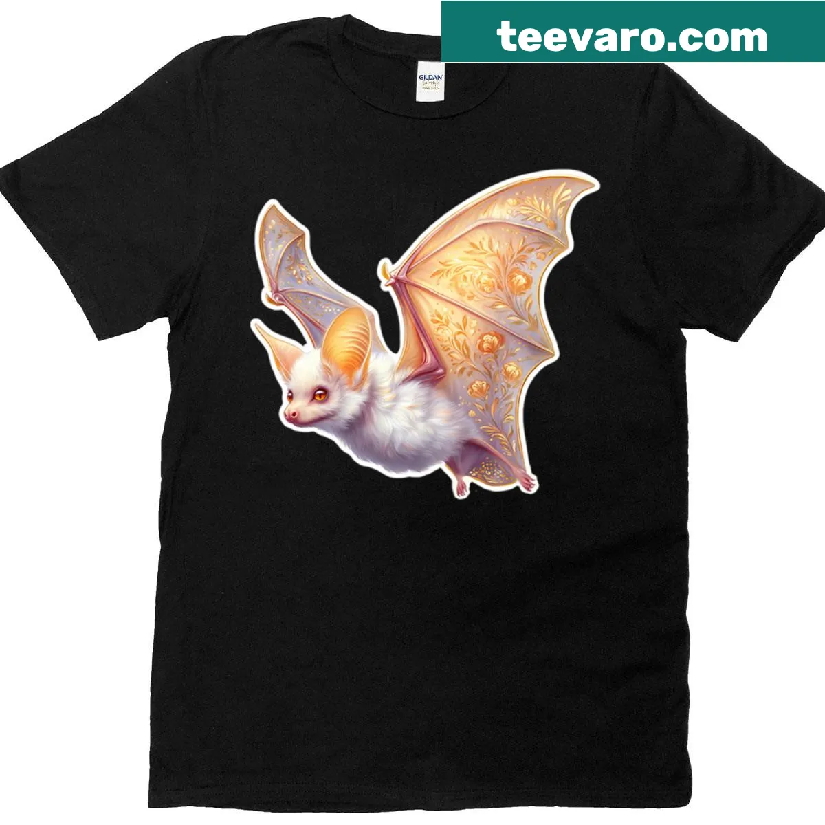 Whimsical bat with moonpetal flowers on a t-shirt — on a men's t-shirt