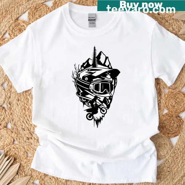 Line-art motocross helmet graphic on a T-shirt