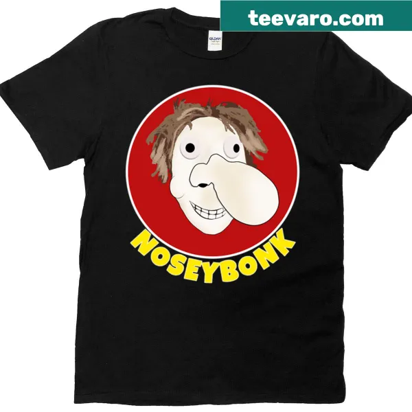 Quirky Mr. Noseybonk character graphic on a t-shirt