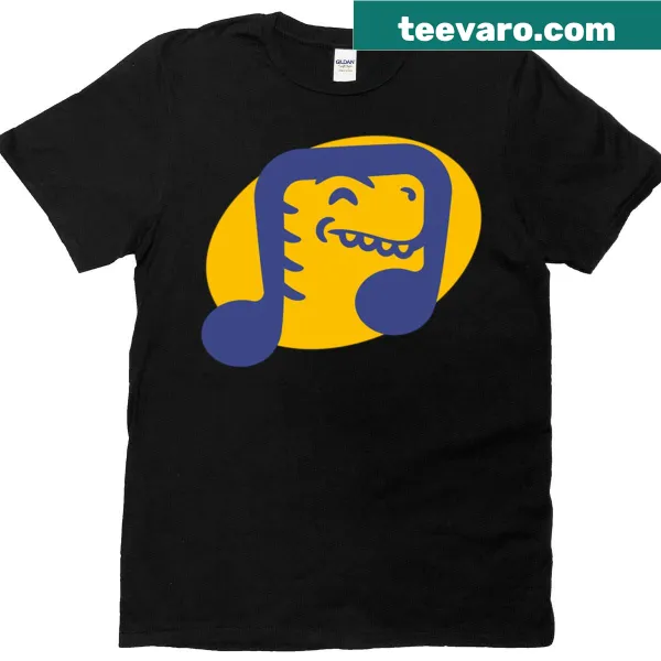 Cartoon dinosaur graphic t-shirt playing a musical instrument