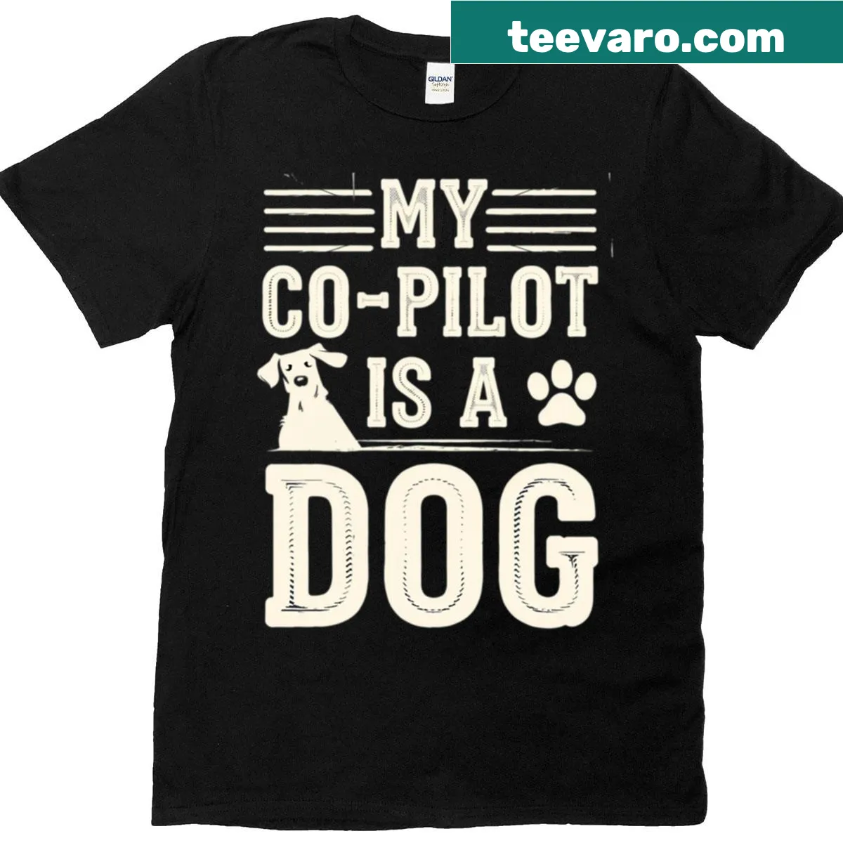Illustration of a dog peeking out of a car window with text — on a men's t-shirt