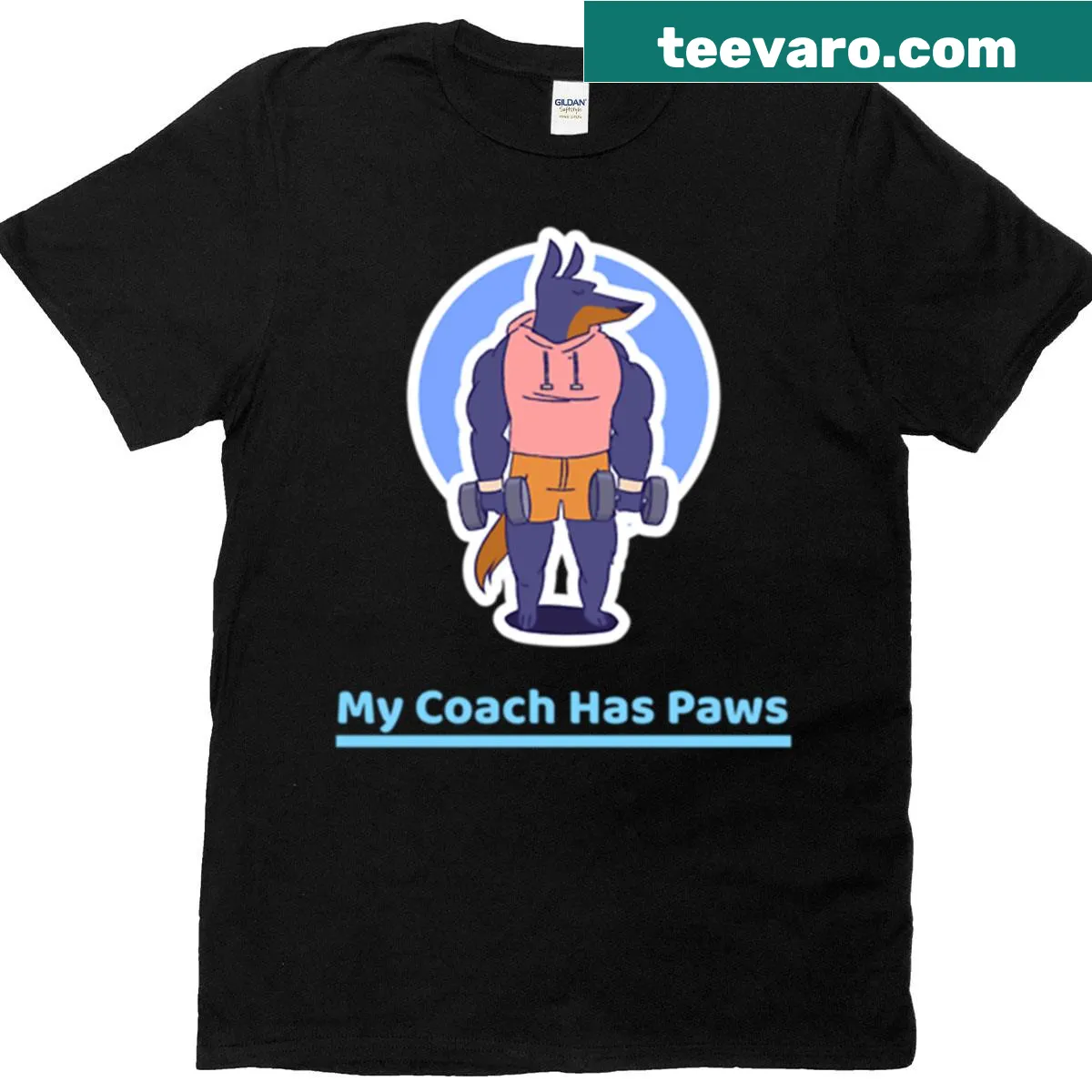 Text saying 'My Coach Has Paws' with playful paw prints — on a men's t-shirt