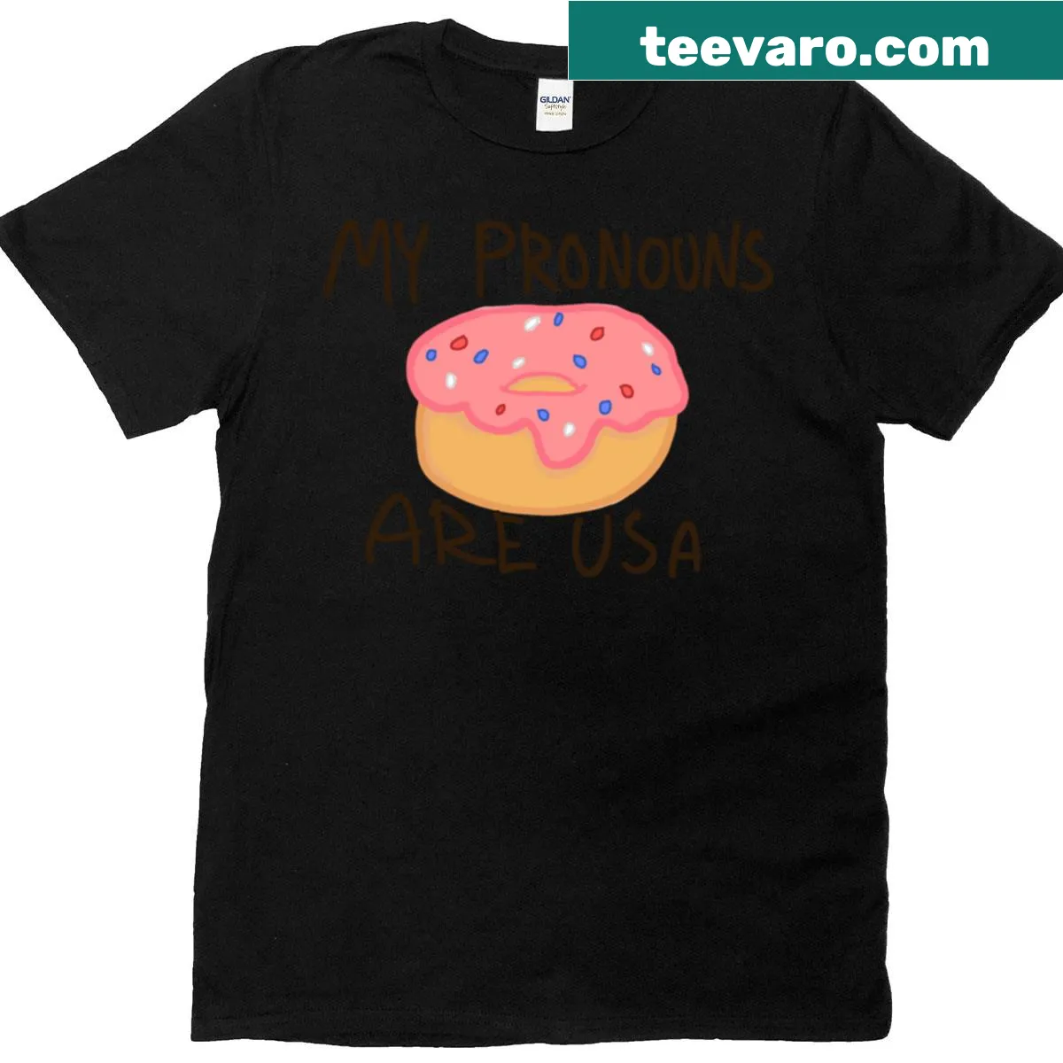 Humorous t-shirt with donut graphic and text 'My Pronouns Are USA' — on a men's t-shirt
