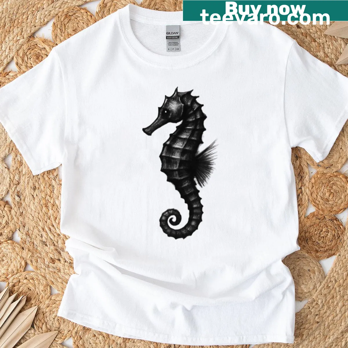 Seahorse graphic depicting dark fantasy marine art — on a men's t-shirt