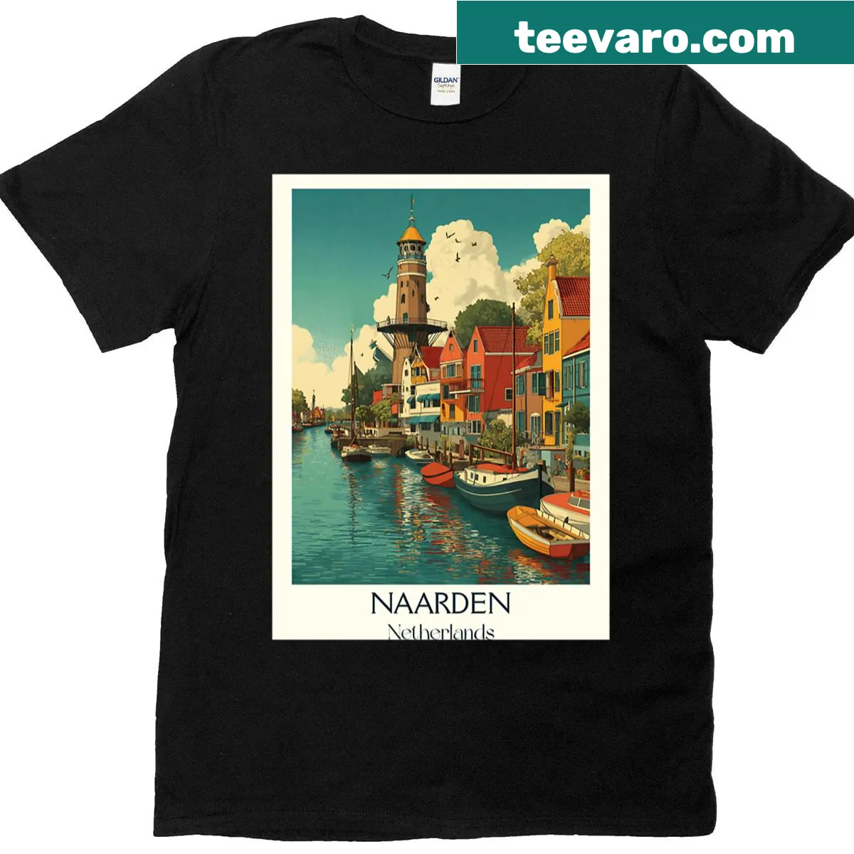 Vintage-style Naarden fortress town t-shirt with poster art design — on a men's t-shirt