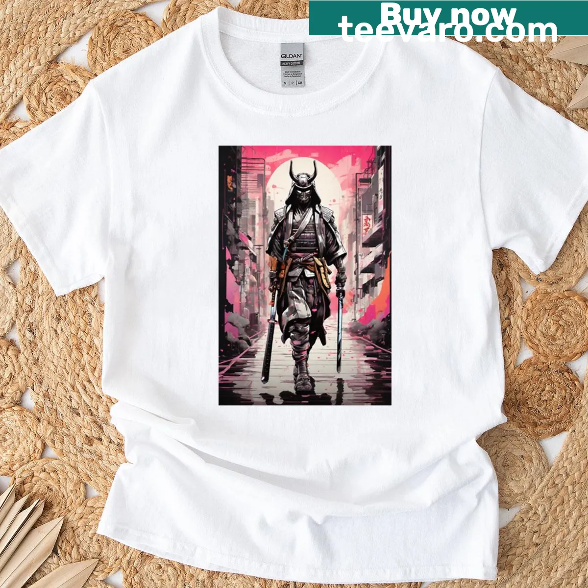 Psychedelic samurai illustration on a street poster t-shirt — on a men's t-shirt