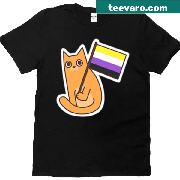 Ginger cat with non-binary pride flag graphic t-shirt