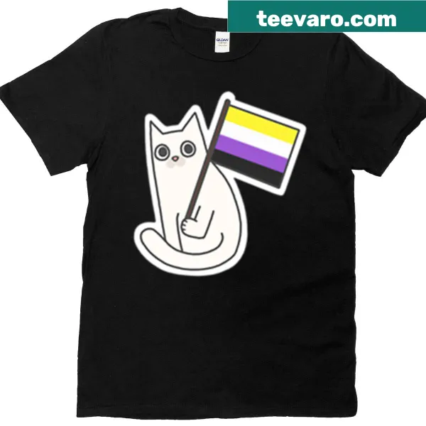 Cute white cat with a non-binary pride flag sticker graphic