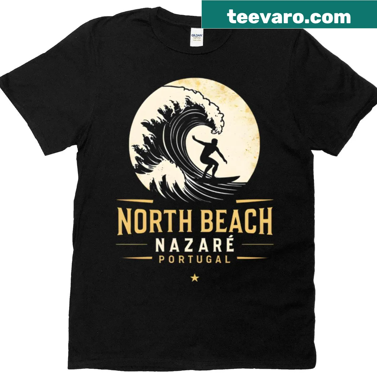 Illustrative graphic of North Beach Nazar Portugal T-shirt — on a men's t-shirt