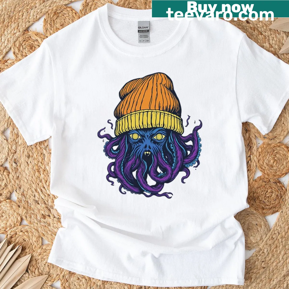 Cartoon octopus wearing a beanie on T-shirt — on a men's t-shirt