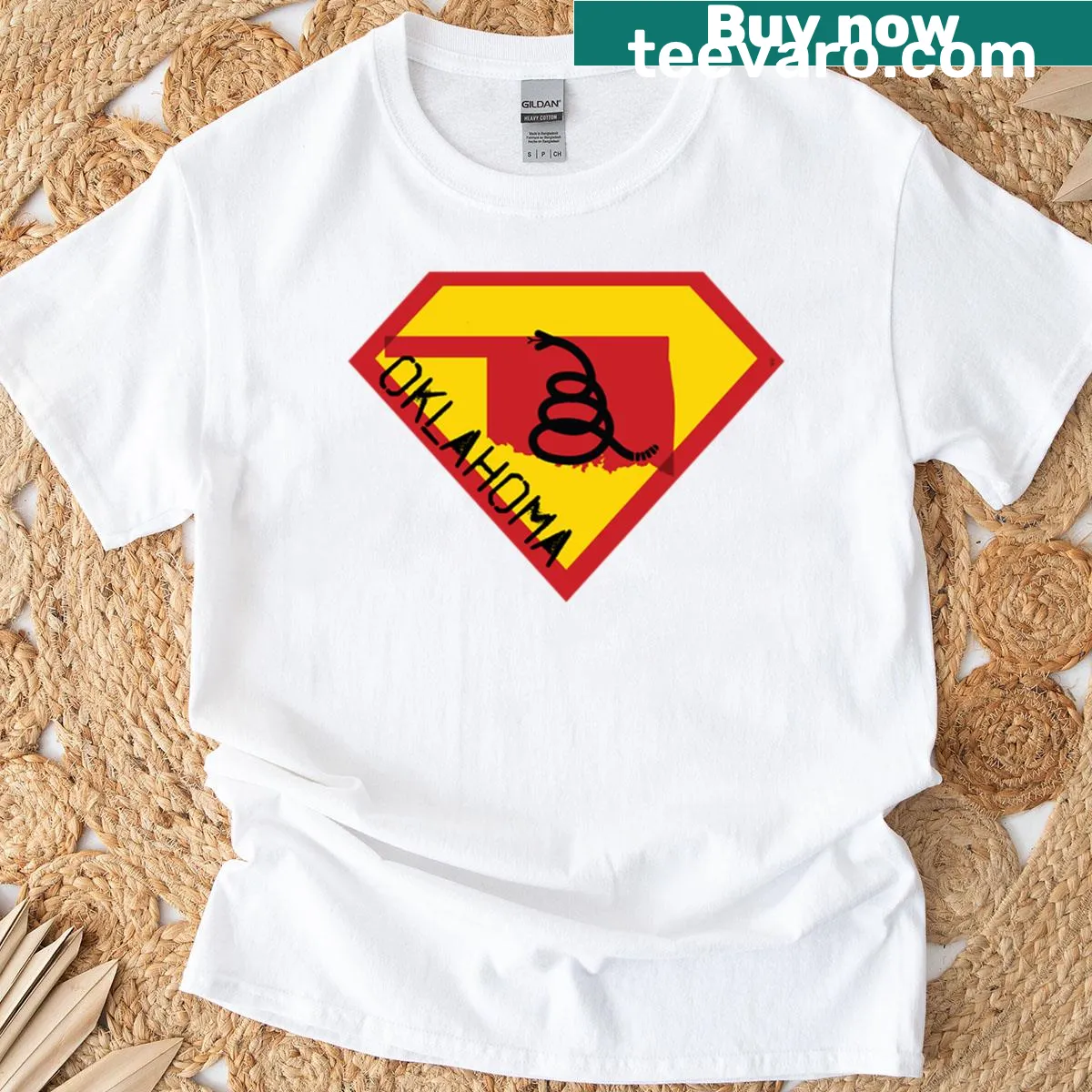 Oklahoma-themed t-shirt with Gadsden flag and shield design — on a men's t-shirt