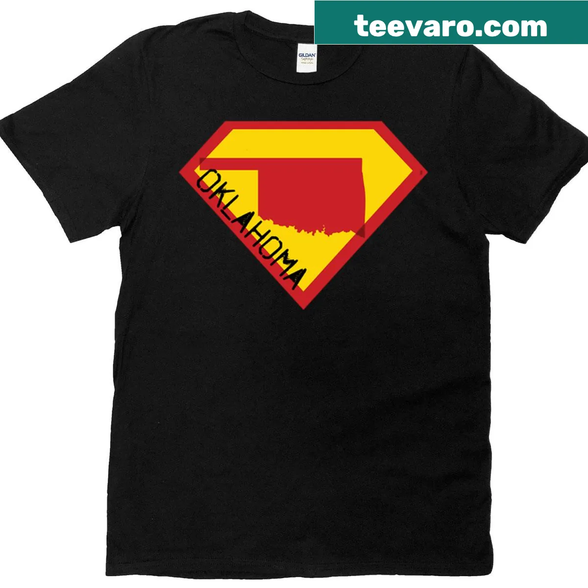 Oklahoma shield graphic T-shirt with superhero spellout design — on a men's t-shirt