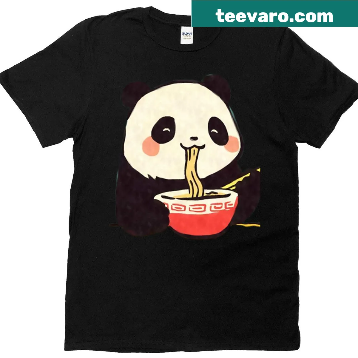 Kawaii panda eating noodles graphic t-shirt — on a men's t-shirt