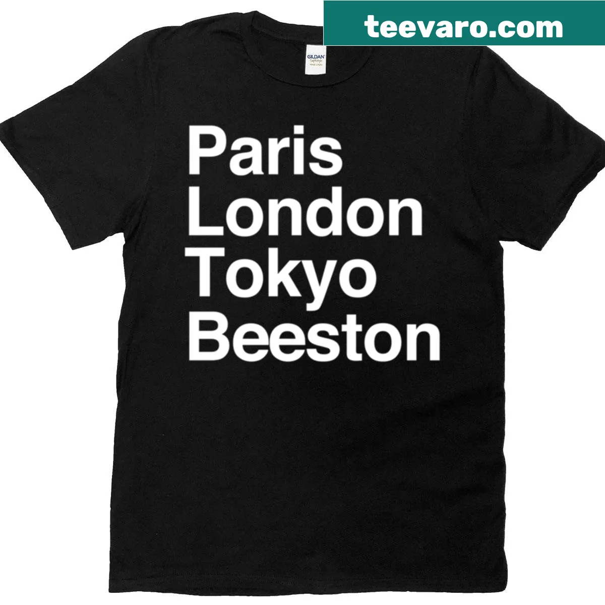 Illustration featuring Paris, London, and Tokyo on a t-shirt — on a men's t-shirt