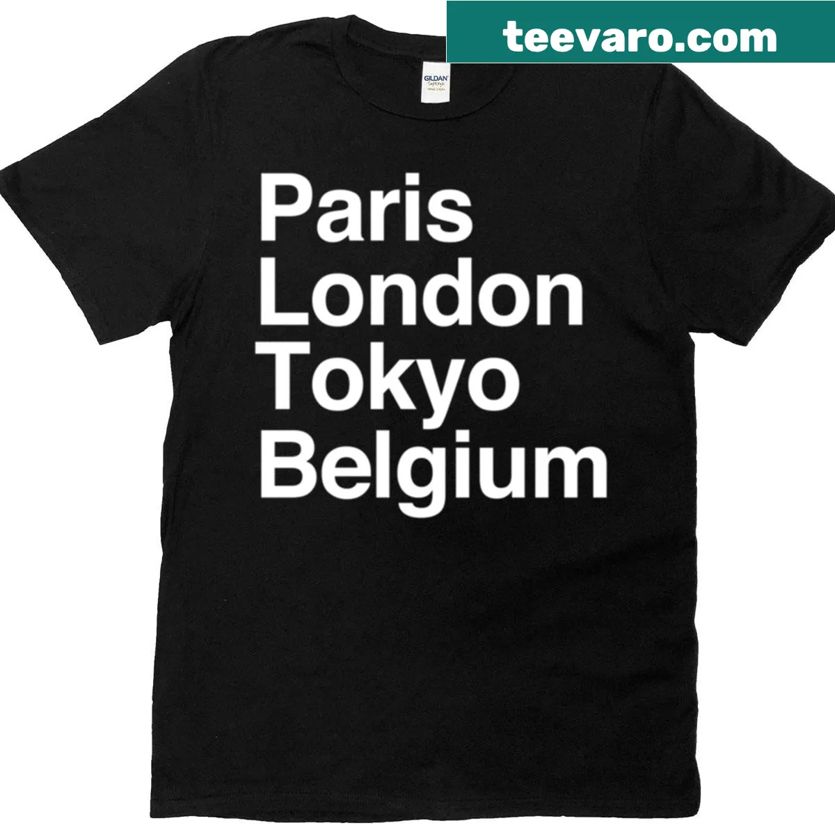T-shirt featuring the names of Paris, London, Tokyo, and Belgium in bold text — on a men's t-shirt