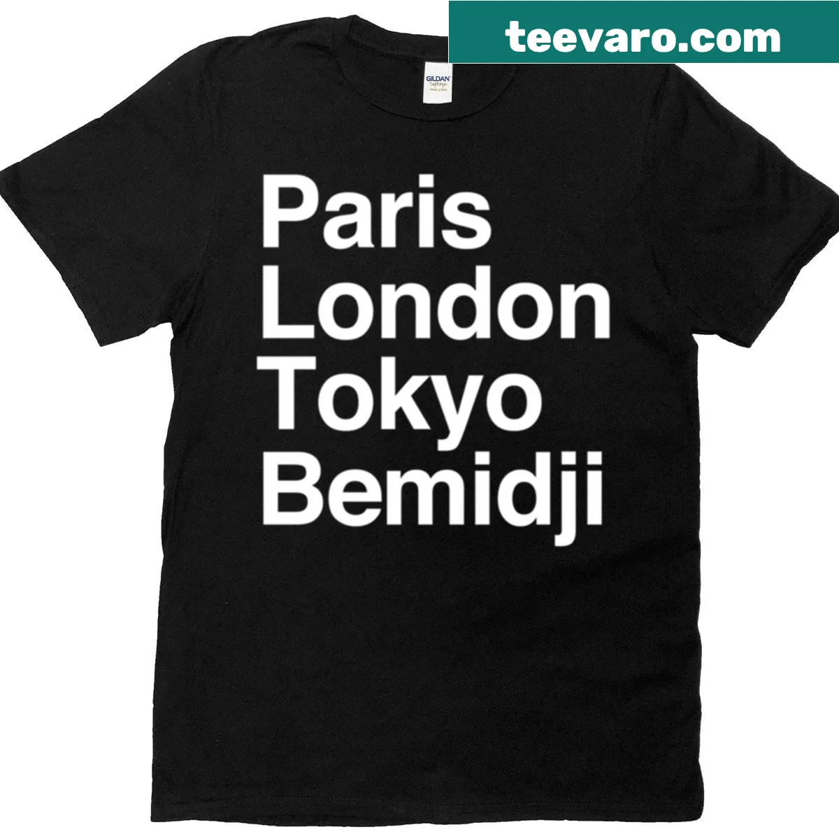 Typography T-shirt featuring city names: Paris, London, Tokyo, Bemidji — on a men's t-shirt