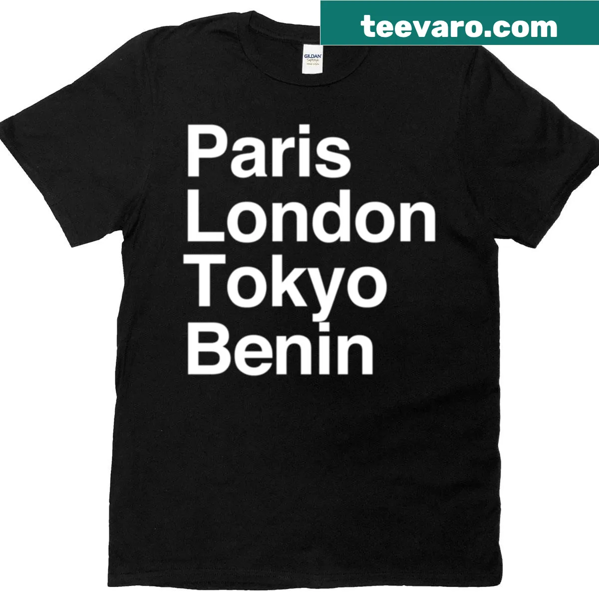 T-shirt featuring Paris, London, Tokyo, and Benin in text format — on a men's t-shirt